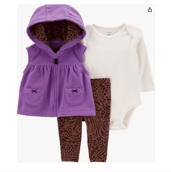 Carter's 3 Pc Hooded Purple Vest Set with Brown Animal Print Pants  ~6M - Picture 1 of 2
